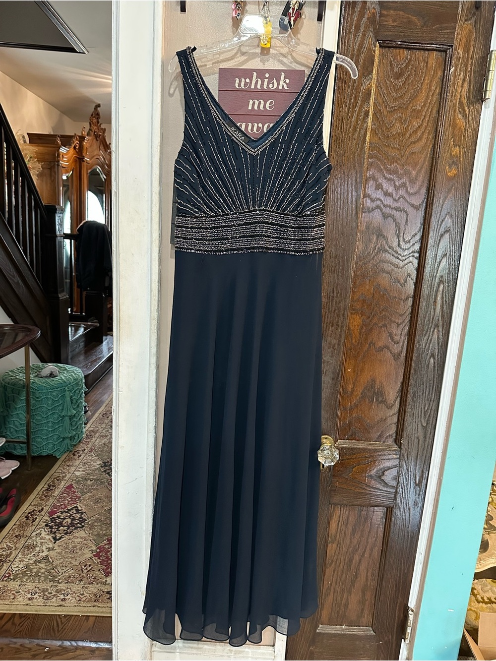 J Kara Navy Beaded V-Neck A-Line Maxi Gown